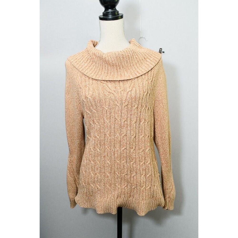 Talbots Sweater Cowl Neck L Cable Knit button detail tan preppy Office Casual